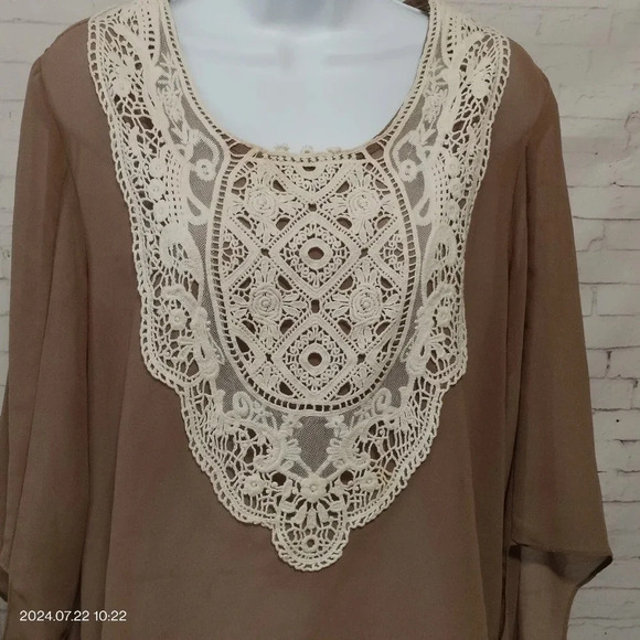 Umgee size Large Boho Peasant Sheer Brown Crochet Lace Top Blouse - Picture 2 of 10